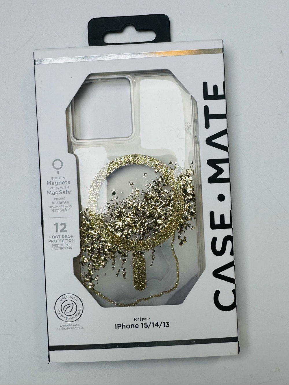 Case-Mate iPhone 15/14/13 MagSafe Case Gold Glitter Ring Stand 12ft Drop Clear